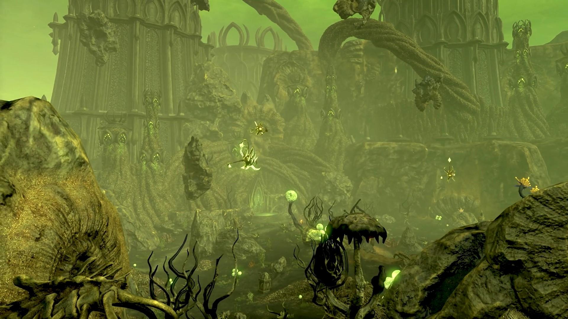 'The Elder Scrolls Online: Necrom' Uno de los desagradables reinos de Apocrypha con criaturas flotantes y estanques negros.