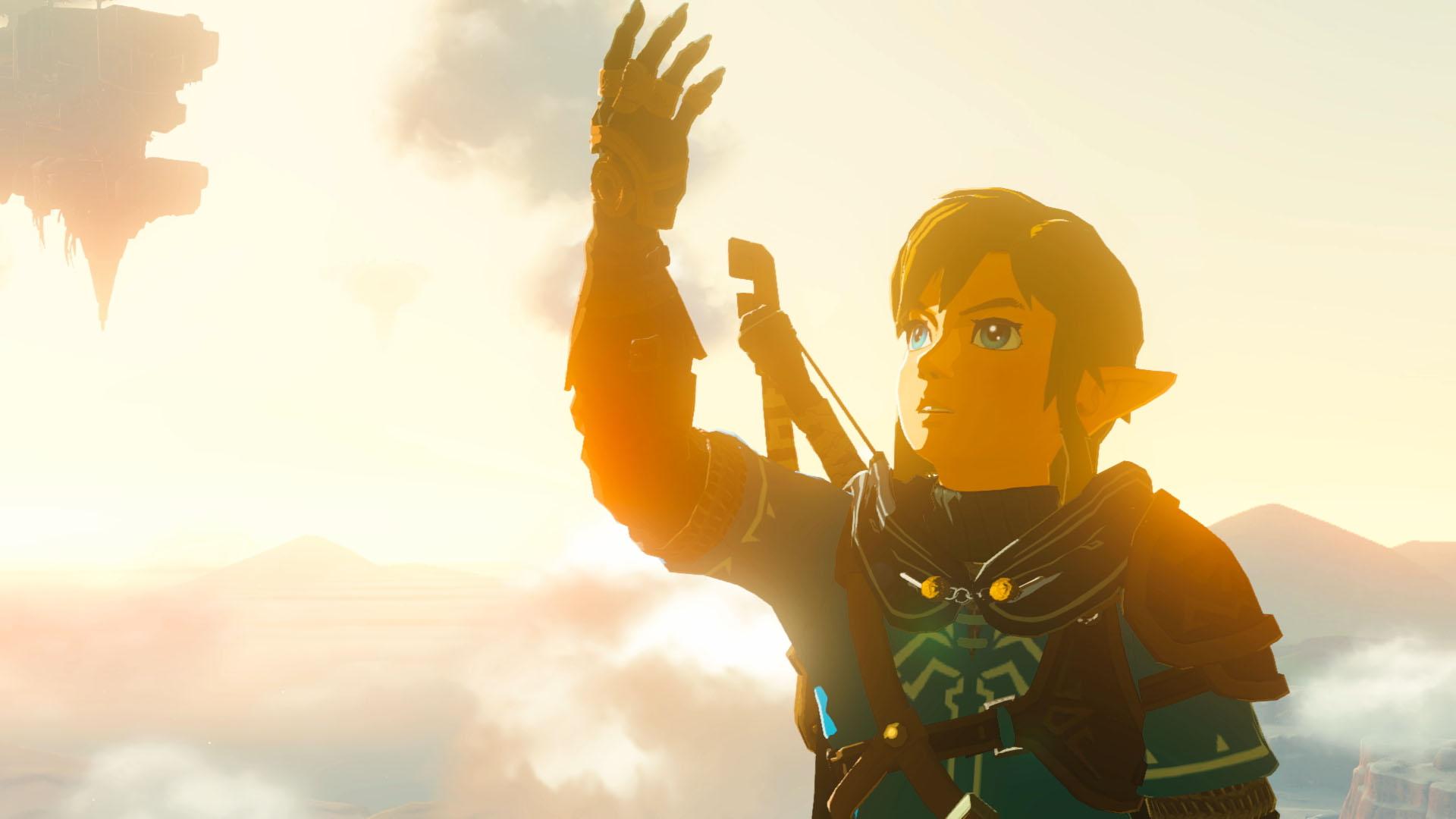 Link de 'Lágrimas del Reino' examinando su nuevo brazo con extrañas habilidades.