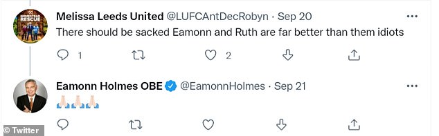 'Despedido': Eammon también dio a conocer sus sentimientos en Twitter cuando respondió con emojis de manos rezando a un usuario que escribió: 'Ellos [Holly and Phillip] deberían ser despedidos, Eamonn y Ruth son mucho mejores que esos idiotas'