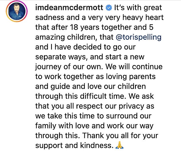El 16 de junio, Dean publicó esta declaración en Instagram, informando a los fanáticos que se separó de Tori.  La publicación se eliminó menos de 24 horas después.