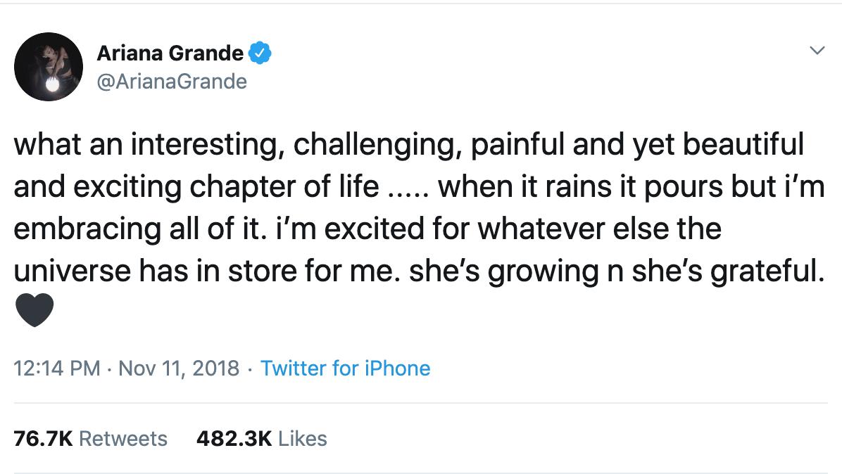 Ariana Grande compartió un tuit tras romper con Pete Davidson