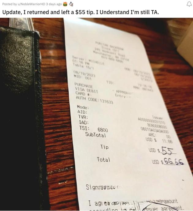 The receipt from a man who didn't tip on $100 tip after he went back and tipped $55.