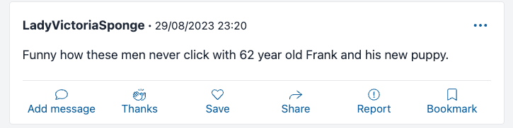 mumsnet comment on post about wife whose husband has dog walking playdates with younger woman