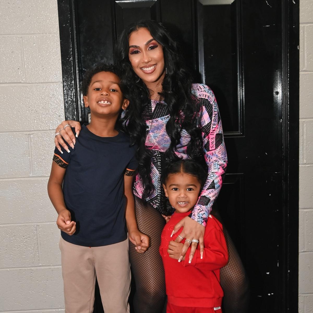 Queen Naija and her children backstage during Queen Naija "The Butterfly Tour" at Center Stage on October 17, 2021 in Atlanta, Georgia