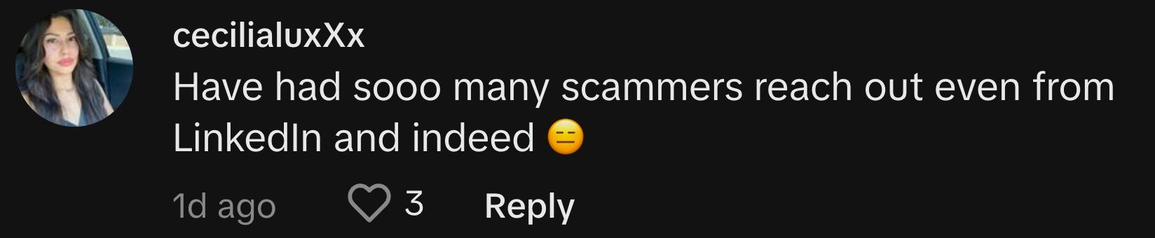 TikToker @cecilialuxxx commented, "Have had sooo many scammers reach out even from LinkedIn and Indeed 😑"