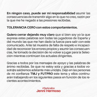 Jenni Hermoso publica un segundo comunicado oficial a través de su sindicato, en el cual desmiente a Rubiales y afirma haberse sentido “vulnerable y víctima de una agresión”.