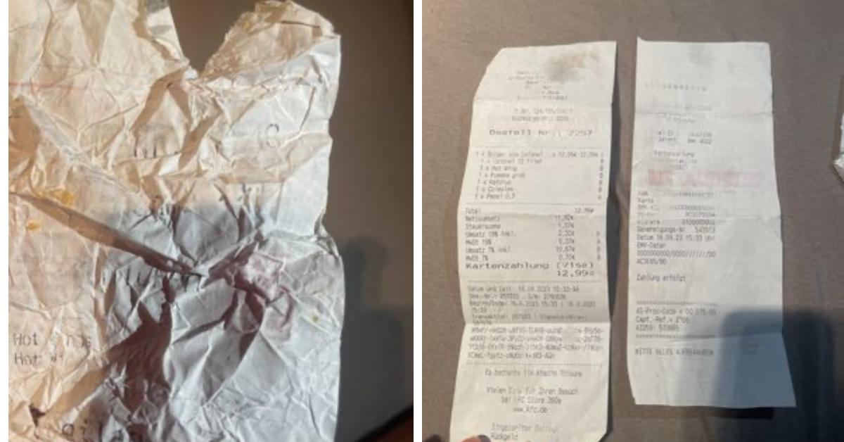 Hazu's photos of the receipt she found in her burger and her actual receipt