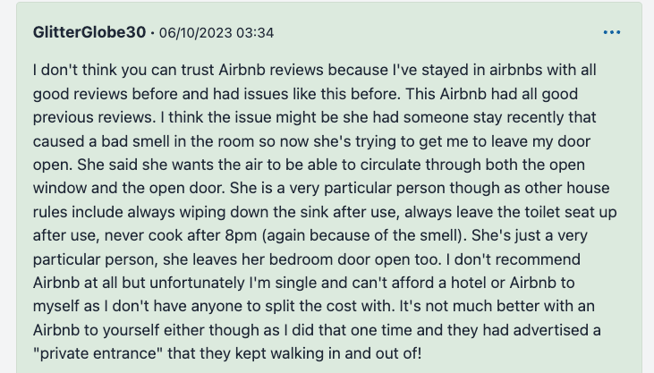 woman on mumsnet's aibu says airbnb host requires window and door must be open
